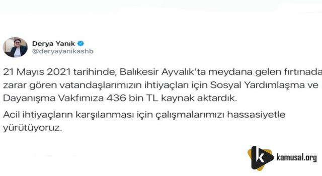 Bakan Yanık: “Ayvalık'taki fırtınadan zarar gören vatandaşlarımız için SYDV'lere 436 bin lira kaynak aktardık”