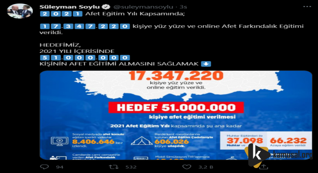 Soylu'dan Afet Eğitimleri Hedefi