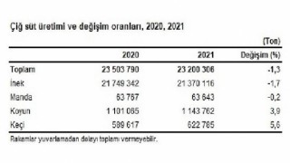 Çiğ süt üretimi 2021 yılında 1,3 azalarak 23 milyon 200 bin 306 ton oldu